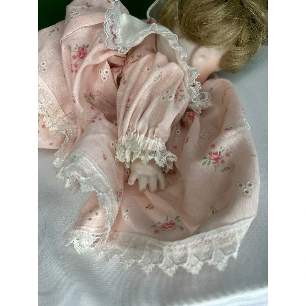 Vintage Porcelain Baby Doll Pink Floral Eyelet Lace Dress Blonde Hair Brown Eyes